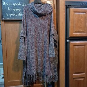 Cozy Multicolor Knit Long sleeve Cowl Neck Poncho Sweater/Dress Fringe Small